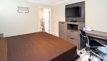 A hotel room featuring a bed with a brown cover, a desk area with a chair, storage unit, wall-mounted TV, and a view into the bathroom.