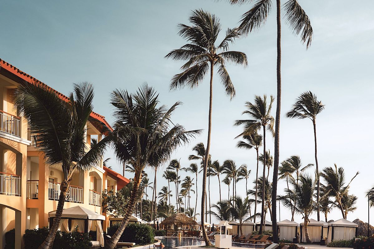 A luxurious poolside scene with tall palm trees, wooden lounge chairs, and a warm-toned building in the background during a sunny day by the coast.